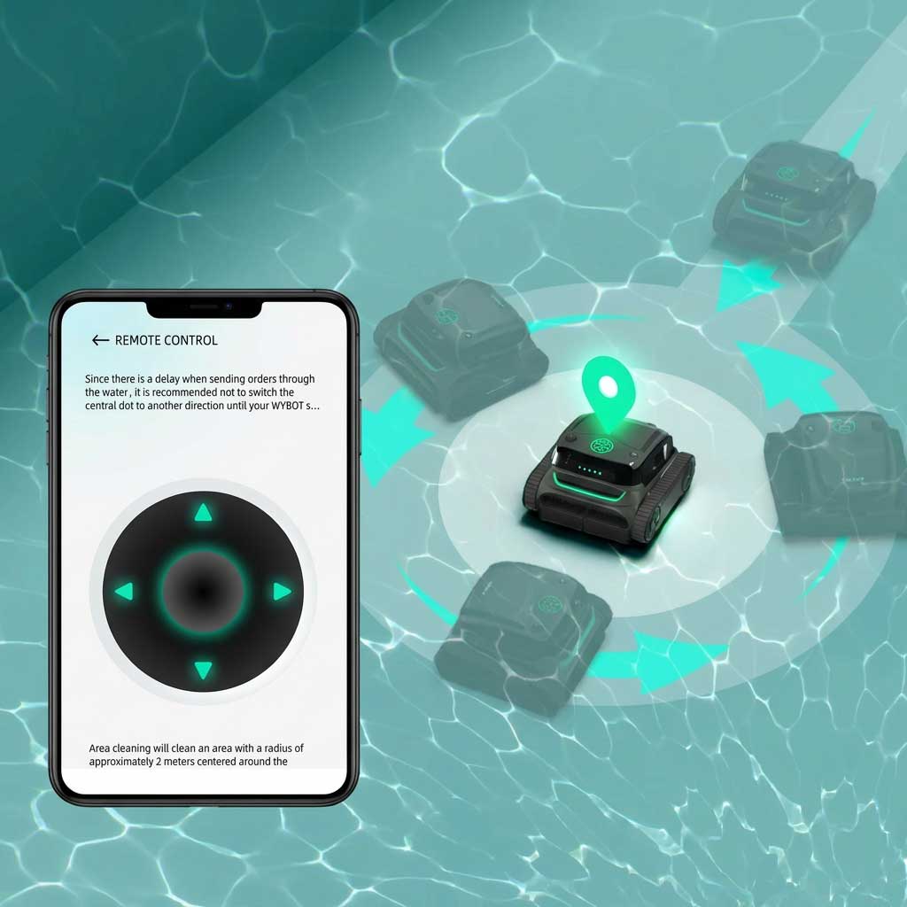 Ferngesteuerter, im Wasser betriebener Poolreiniger mit Smartphone-Schnittstelle.