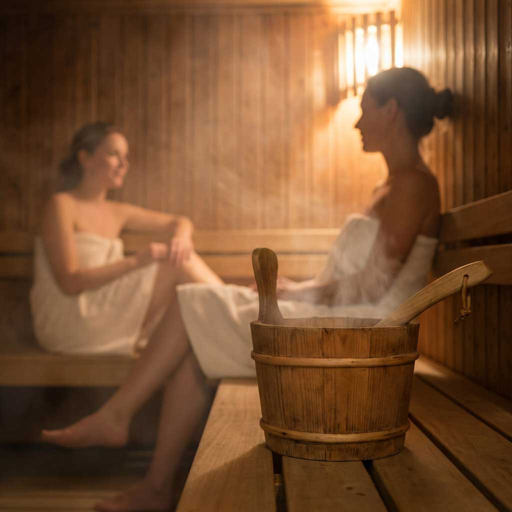 Innenansicht einer Sauna mit zwei in Handtücher gehüllten Frauen, einem Holzeimer und einer Wasserkelle.