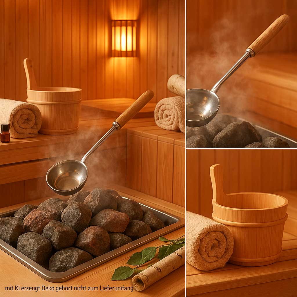Saunakelle aus Edelstahl mit Holzgriff, die zum Gießen von Wasser über heiße Saunasteine ​​verwendet wird.