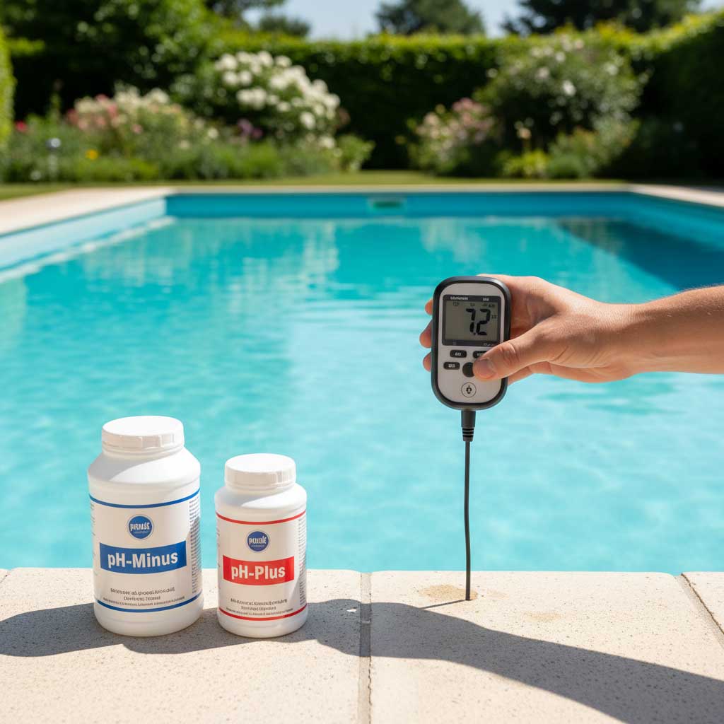 Testaufbau für Poolwasser mit pH-Minus- und pH-Plus-Chemikalien und digitalem pH-Meter im Einsatz.