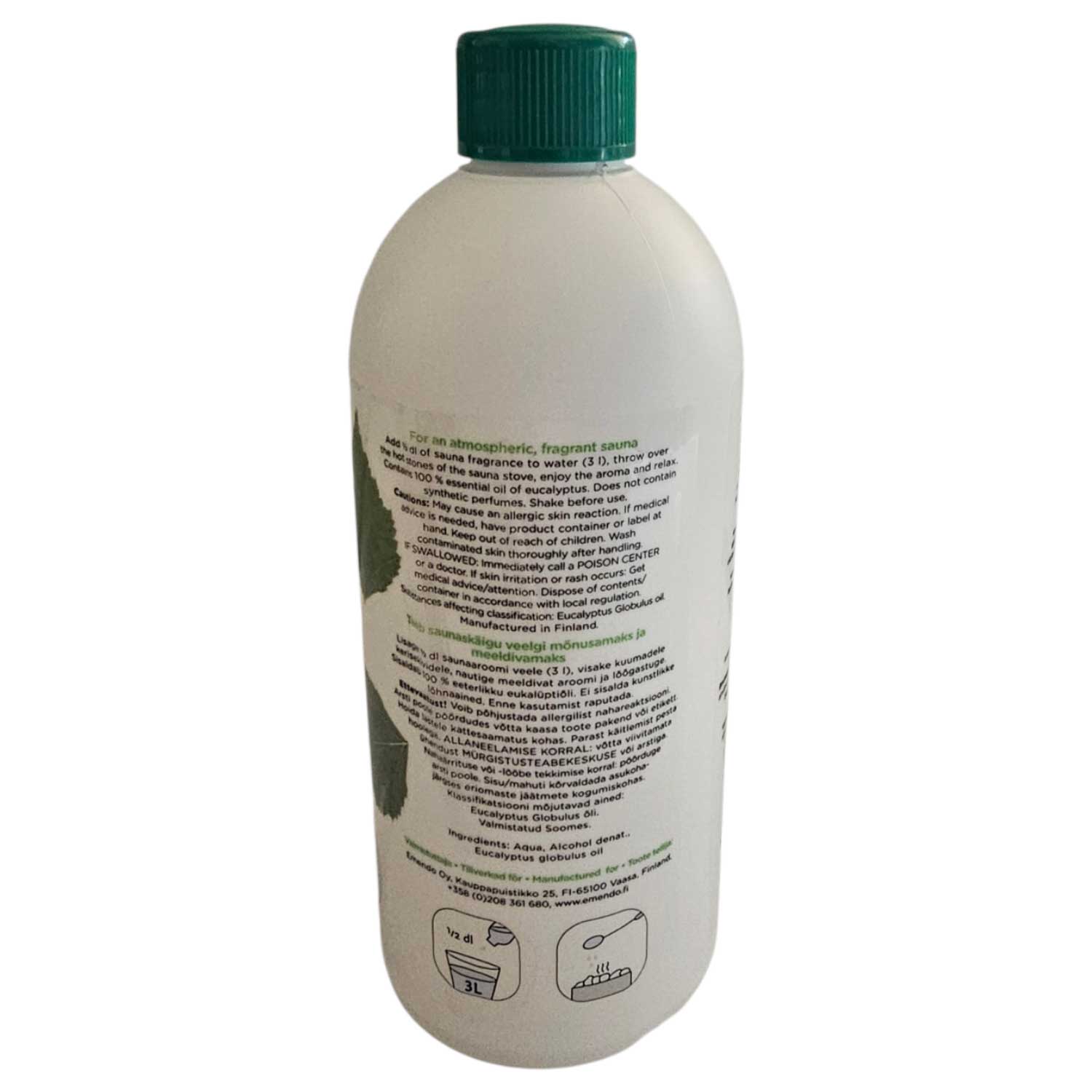 Eine weiße Plastikflasche mit Eukalyptus-Saunaduft mit grünem Verschluss und Produktetikett.