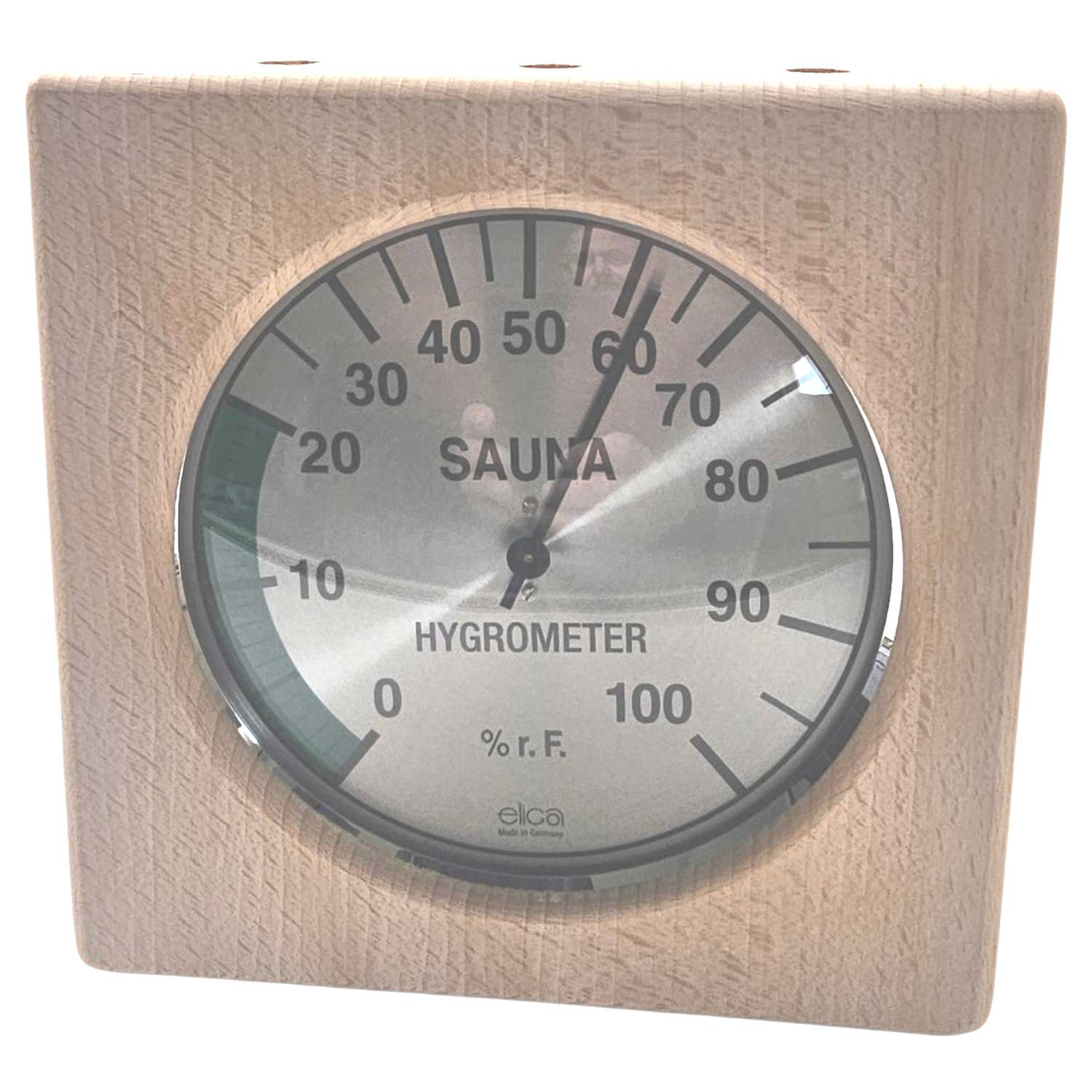 Ein quadratisches Sauna-Hygrometer aus Holz mit einem runden, silbernen Analoganzeige-Zifferblatt.