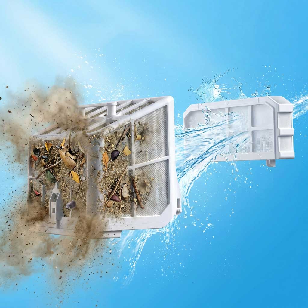 Ein Poolfilterkorb, der Schmutz und Wasser auf blauem Hintergrund ausstößt.