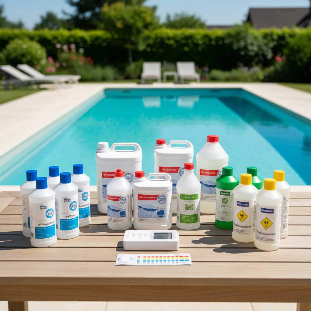 Sortiment an Chemikalien zur Poolwasseraufbereitung in Behältern mit Testgerät im Vordergrund.