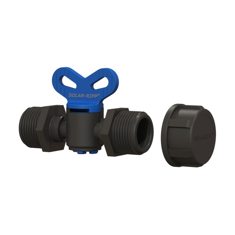 Bild eines Solar-Ripp-Ventils mit blauem Griff, das in Solar-Poolheizsystemen verwendet wird.