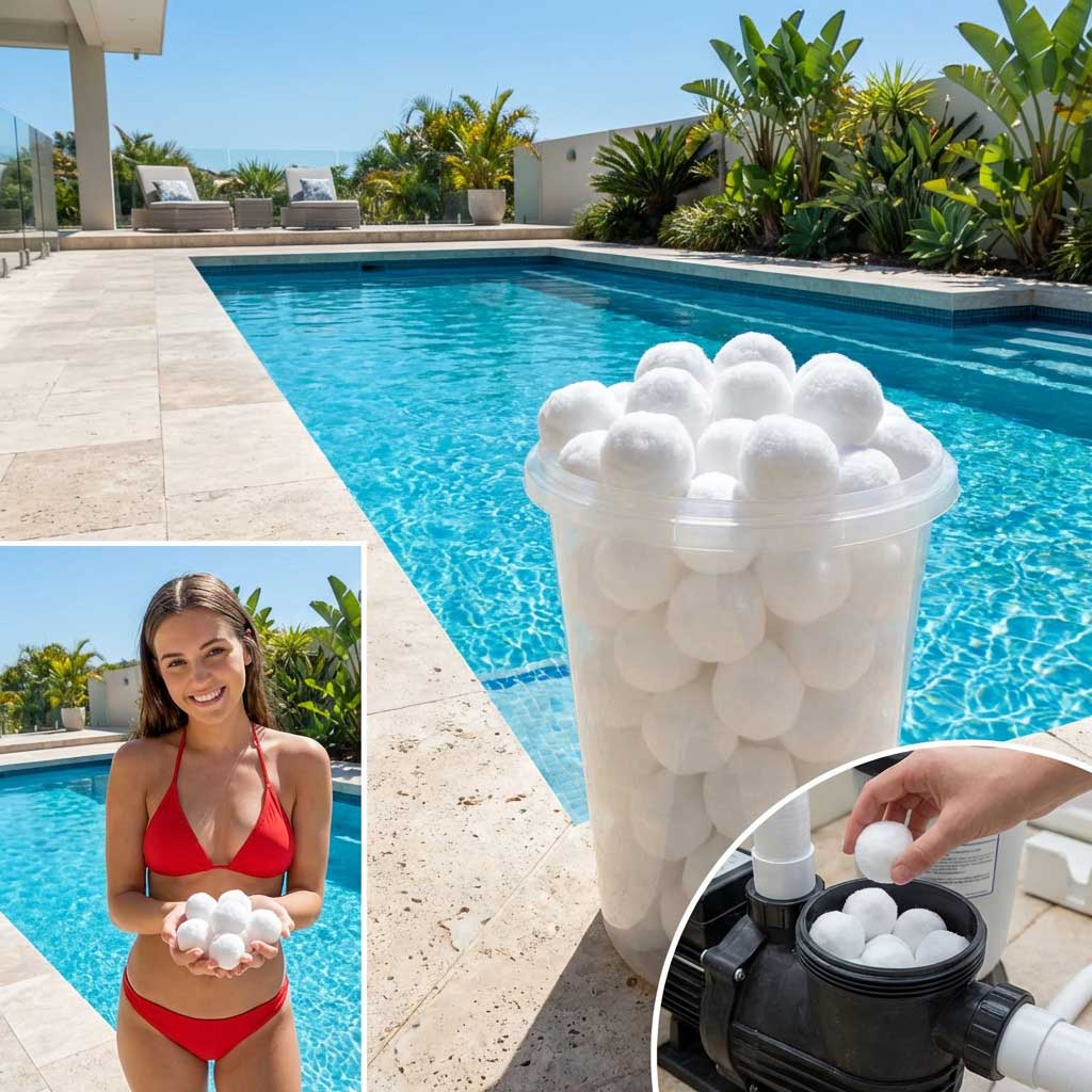 Ein transparenter Eimer gefüllt mit weißen Filterbällen neben einem Schwimmbad.