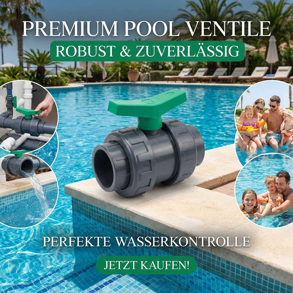 Graues Poolventil mit grünem Griff zur Wasserkontrolle, in einem Pool-Setting.