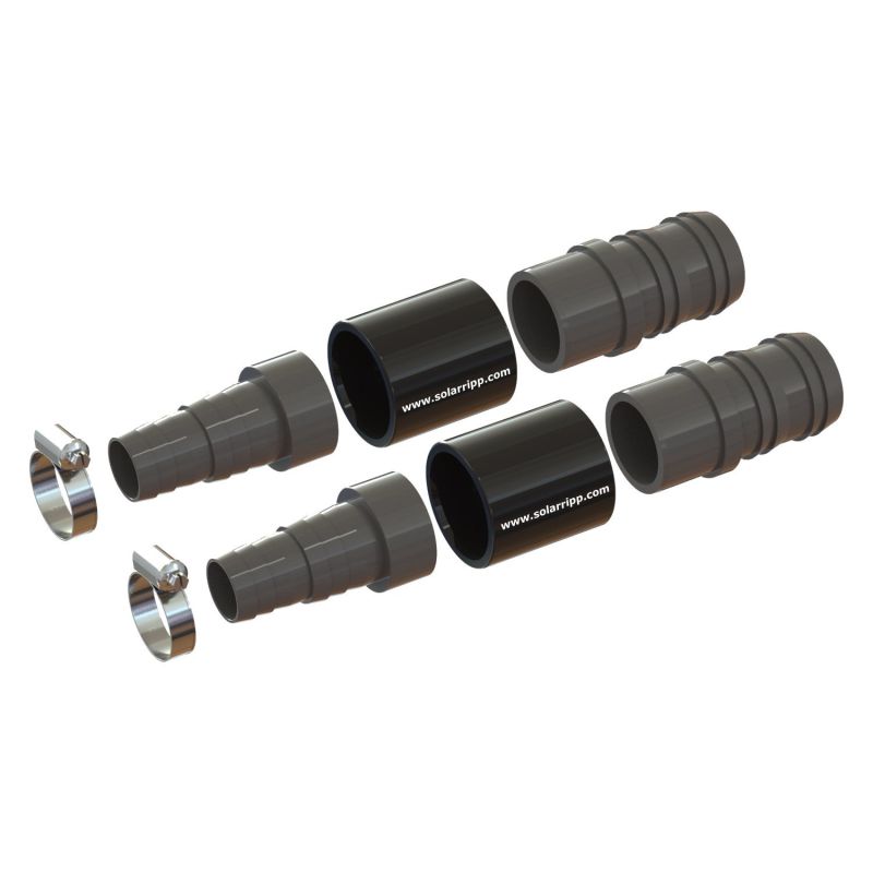 Das Bild zeigt zwei Sätze Poolschlauchadapter, Kupplungen und Schlauchklemmen, die auf einer weißen Oberfläche angeordnet sind.