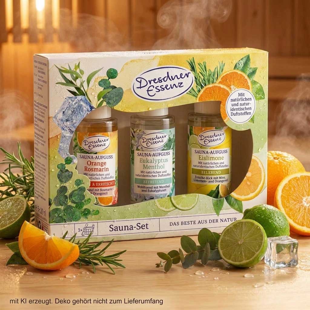 Drei Flaschen Dresdner Essenz Saunaduft im Karton-Display.