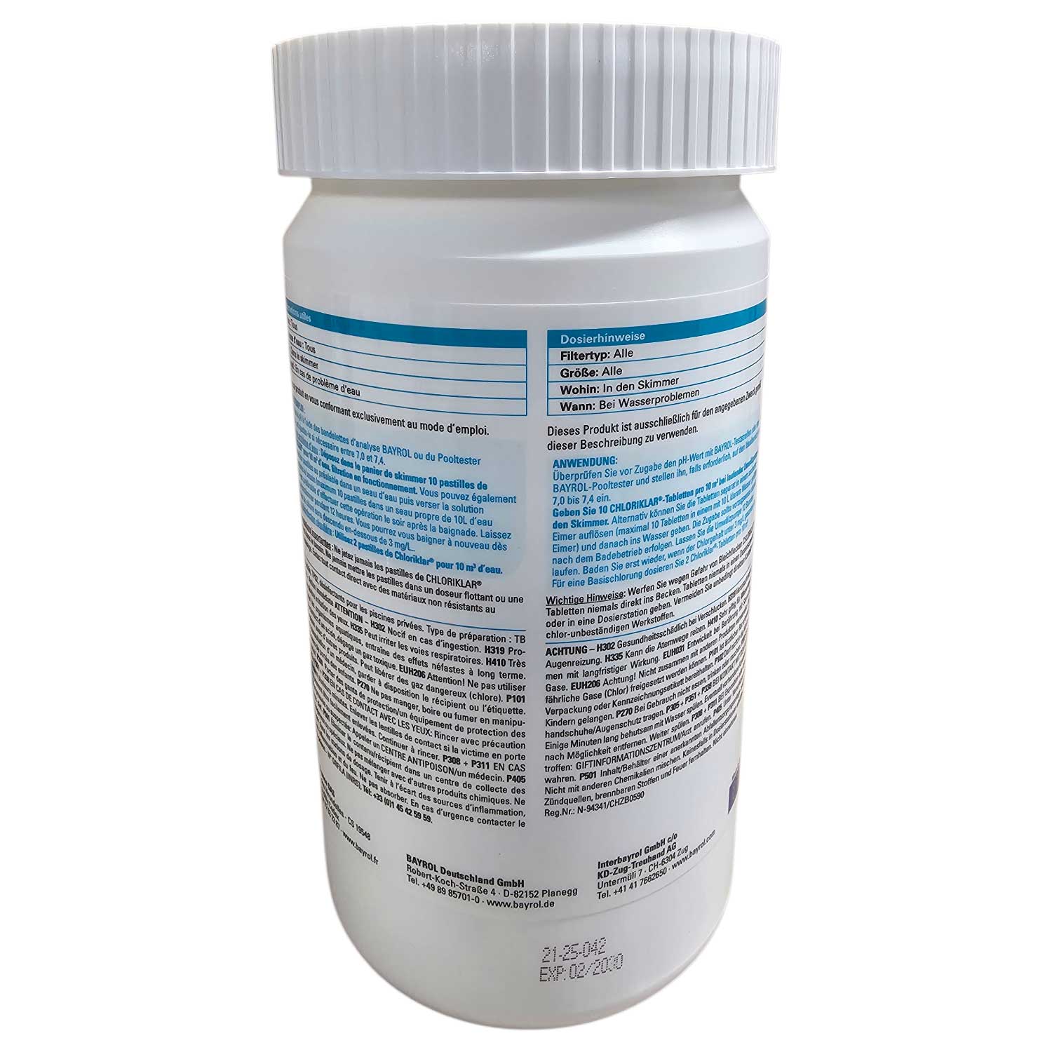 Weißer zylindrischer Behälter mit blauem und schwarzem Text, Produktinformationen und Anweisungen.