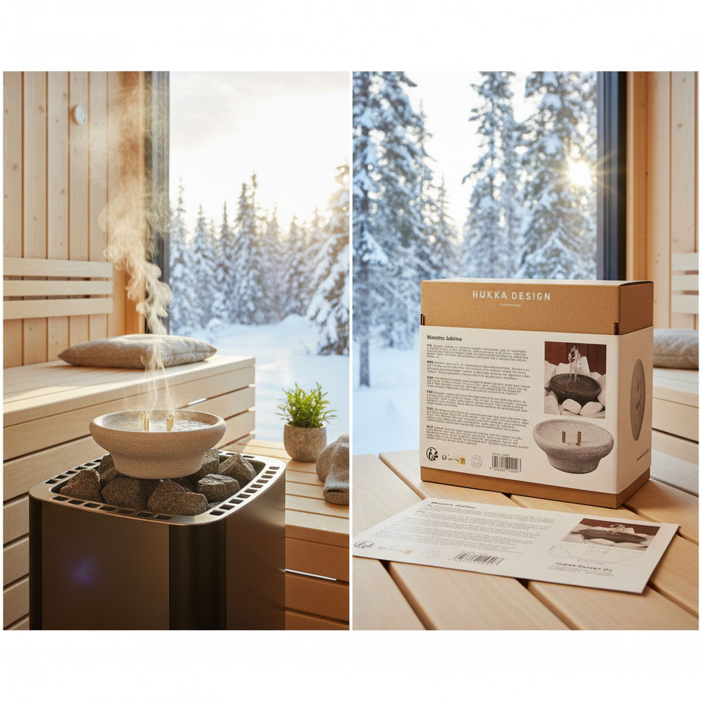 Eine Sauna mit einer Steinschüssel auf einem Ofen, die Dampf abgibt, und einer Produktkiste auf einer Holzbank.