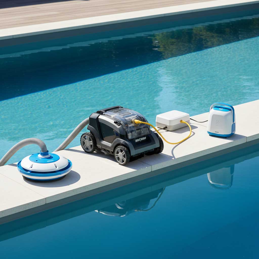 Roboter-Poolreinigungssystem mit Saugkopf, Netzteil und Transformator am Beckenrand.