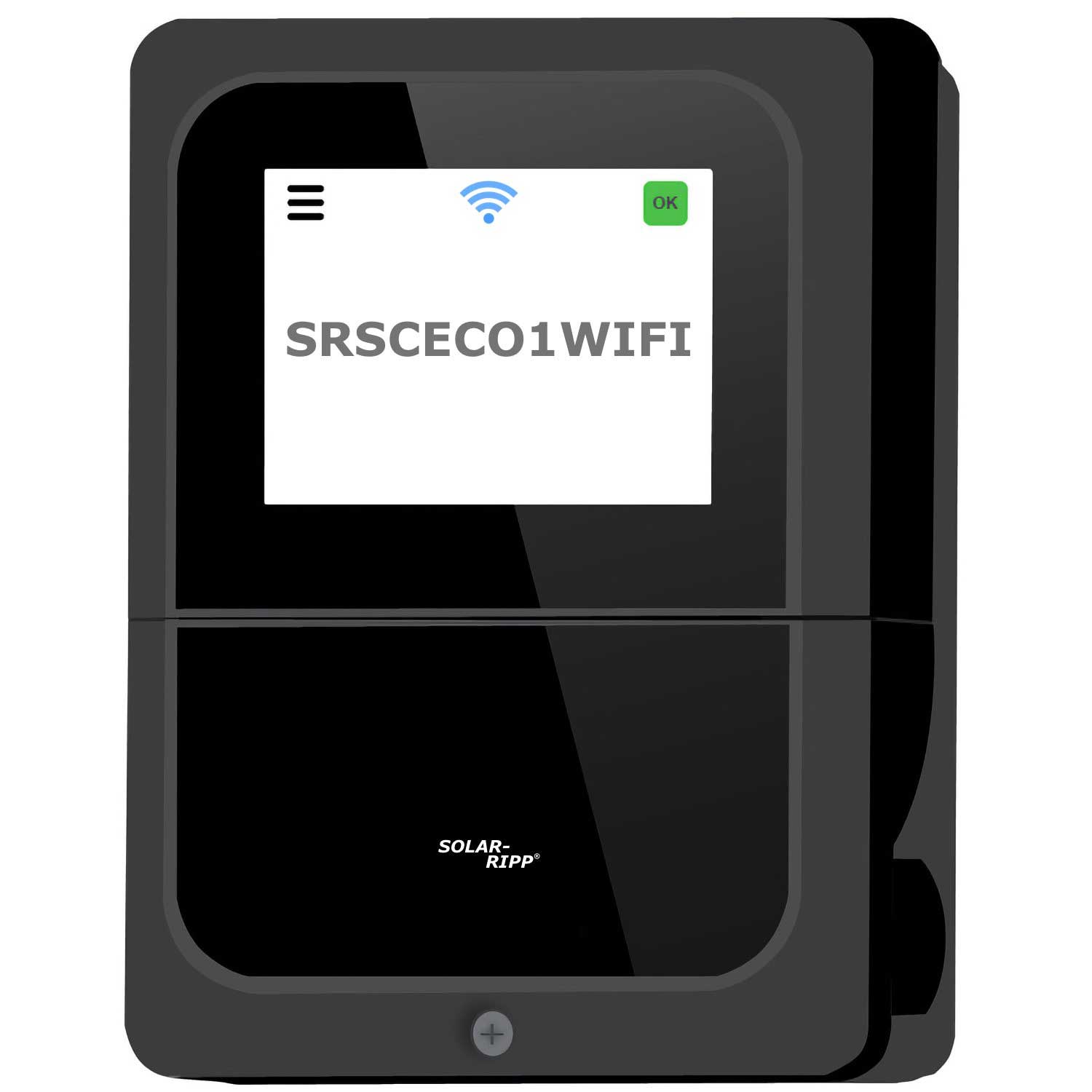 Schwarzes Solar-Ripp-Gerät mit dem Text SRSCECO1WIFI, dem WLAN-Symbol und der „OK“-Anzeige.