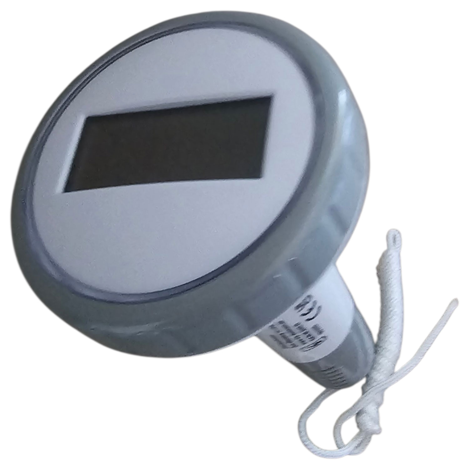Ein rundes digitales schwimmendes Poolthermometer mit weißem Display und Halteseil.