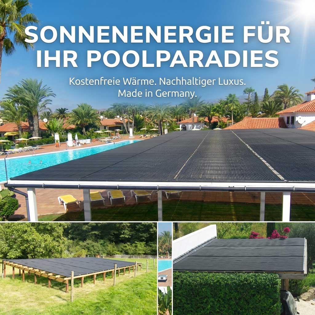 Das Bild zeigt ein Pool-Solarpanel-Heizsystem, das über einem Außenpool in einem Resort installiert ist.