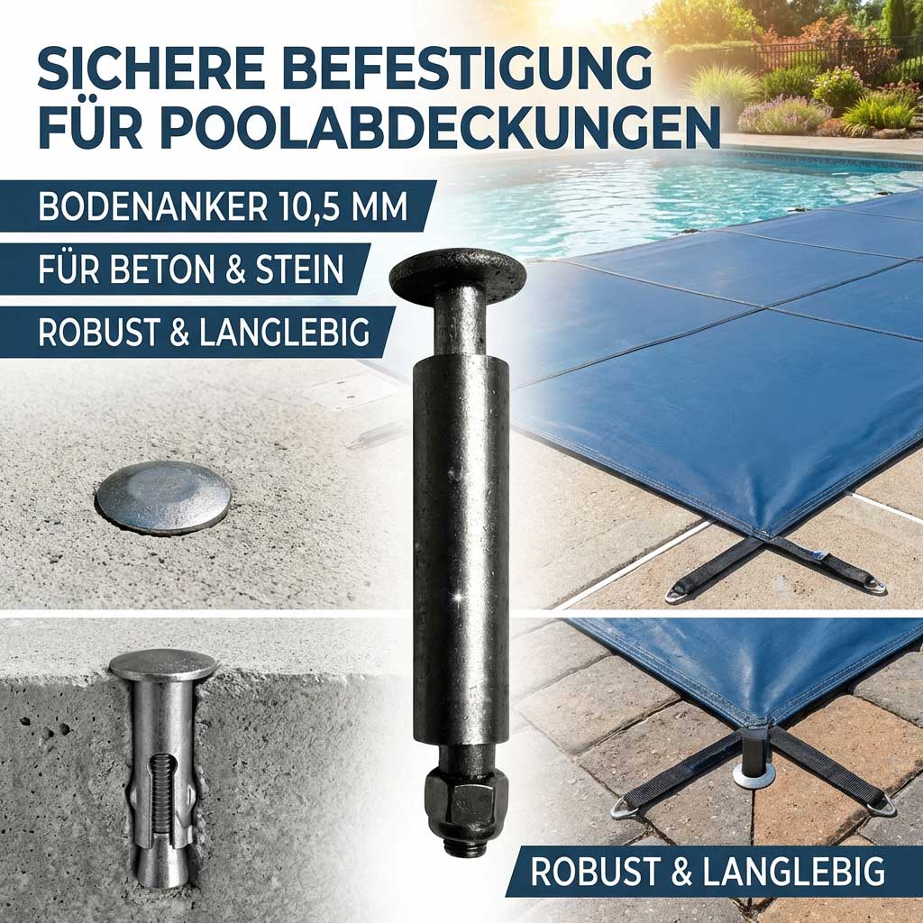 Sichere Anker für Poolabdeckungen, geeignet für Beton und Stein.