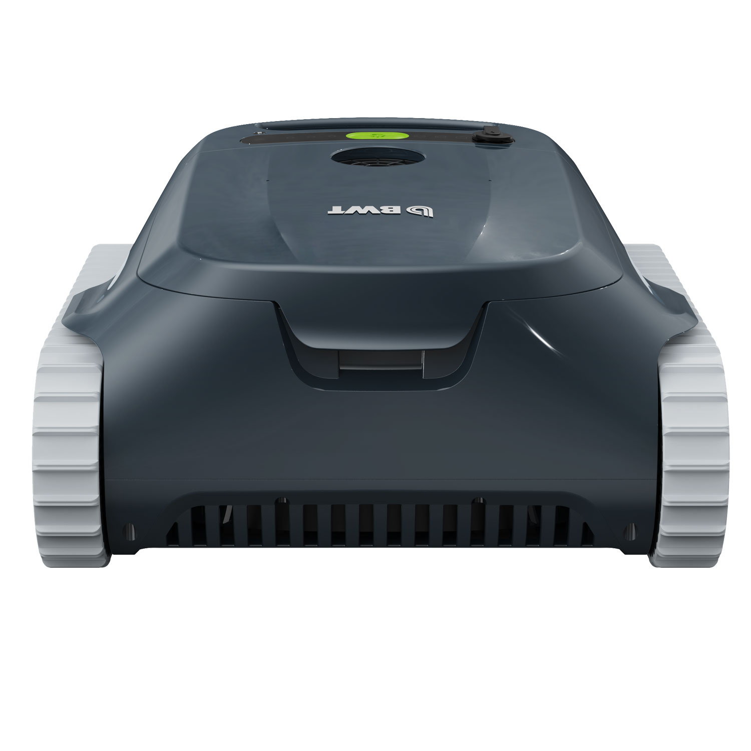 Bild eines automatischen Poolreinigungsroboters mit dunkelgrauem Gehäuse und weißen Laufflächen.