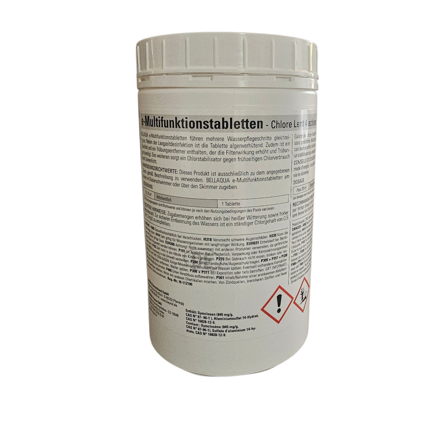 Behälter mit multifunktionalen Chlortabletten zur Wasseraufbereitung.