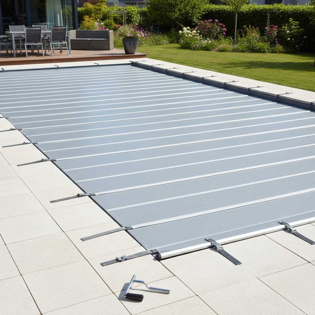 Das Bild zeigt eine graue, automatische Schwimmbadabdeckung mit Lamellen auf einem rechteckigen Becken.