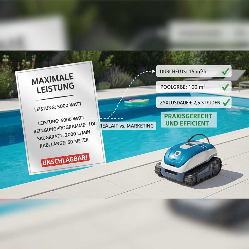 Automatisierter Poolreiniger auf einer Terrasse neben einem Pool mit Infografiken, die seine wichtigsten Funktionen darstellen.