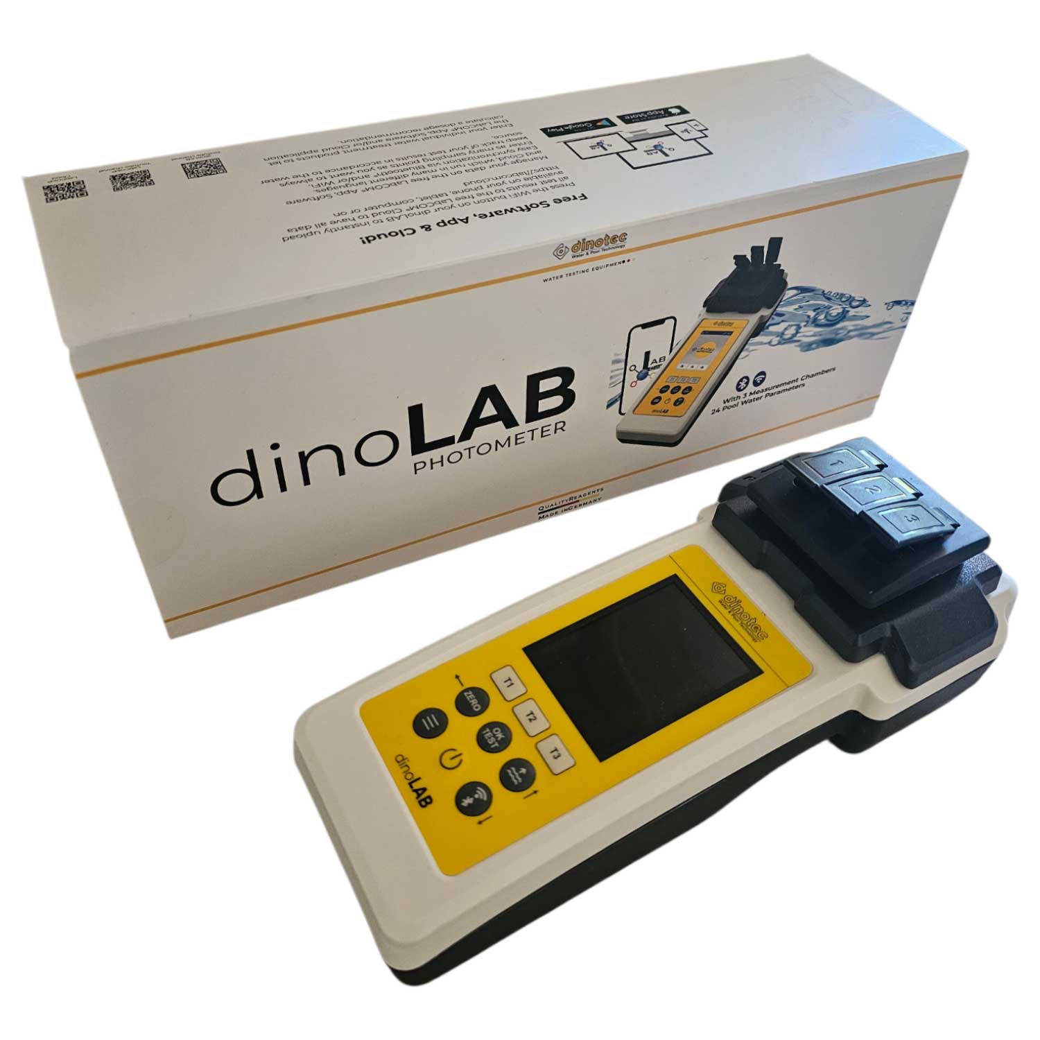 Ein tragbares digitales Poolwasserphotometer mit Originalverpackung.