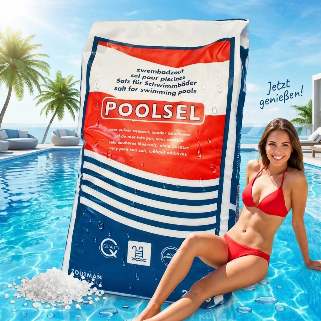 Ein Beutel mit Poolsalz, der neben einem mit Wasser gefüllten Pool platziert wird.