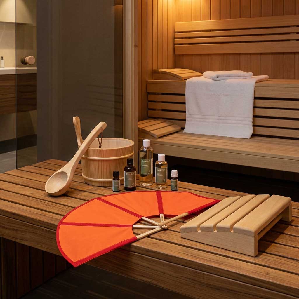 Sauna-Innenraum mit Holzbank, Eimer, Schöpflöffel, ätherischen Ölen, Handtuch, Ventilator und Fußstütze.