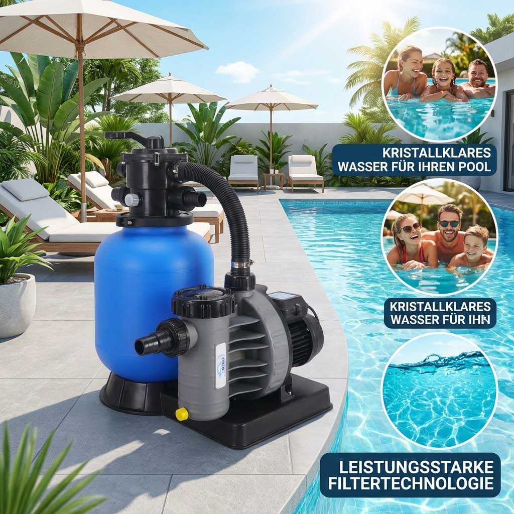 Poolfiltersystem mit blauem Wassertank neben dem Pool.