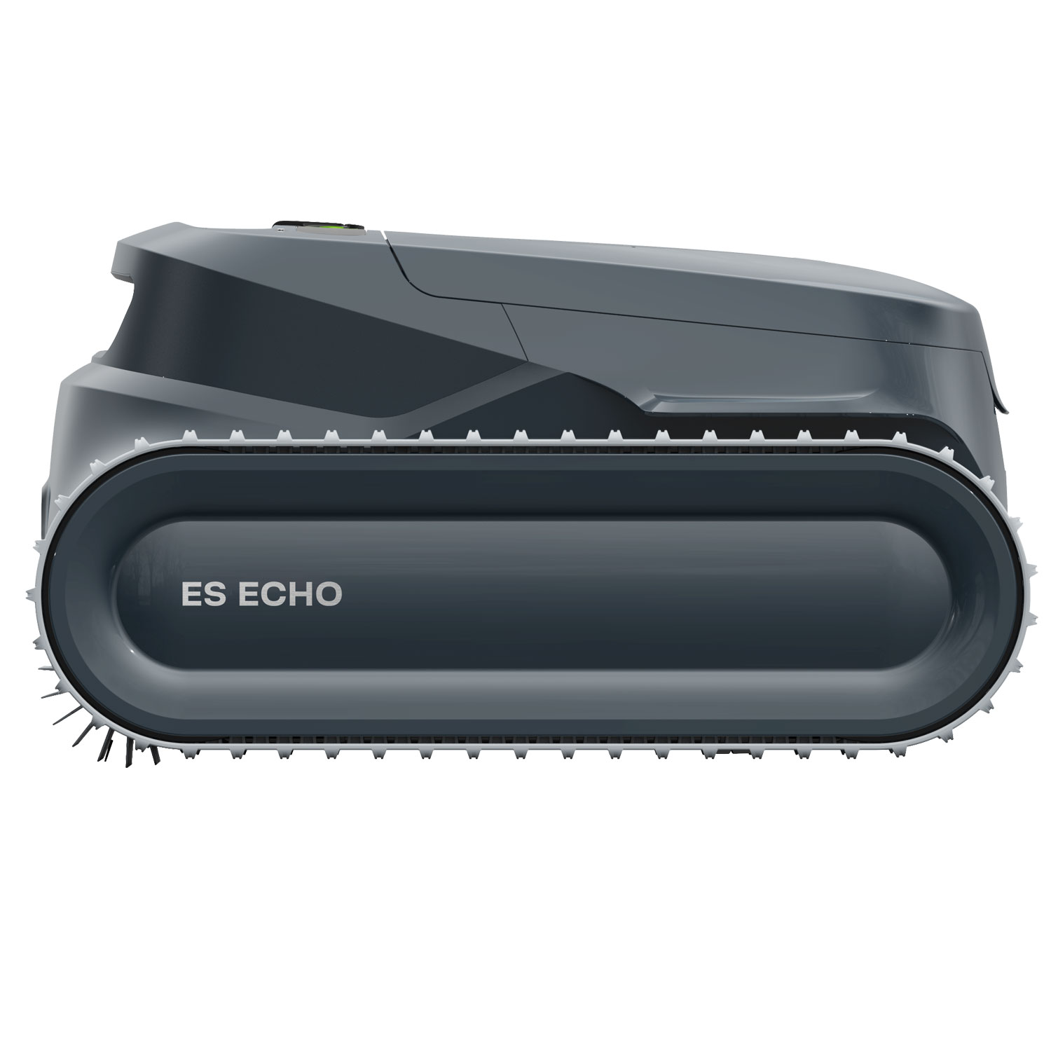Seitenansicht eines ES ECHO Roboter-Poolreinigers. Das Gerät ist grau und mit Raupenlaufflächen ausgestattet.