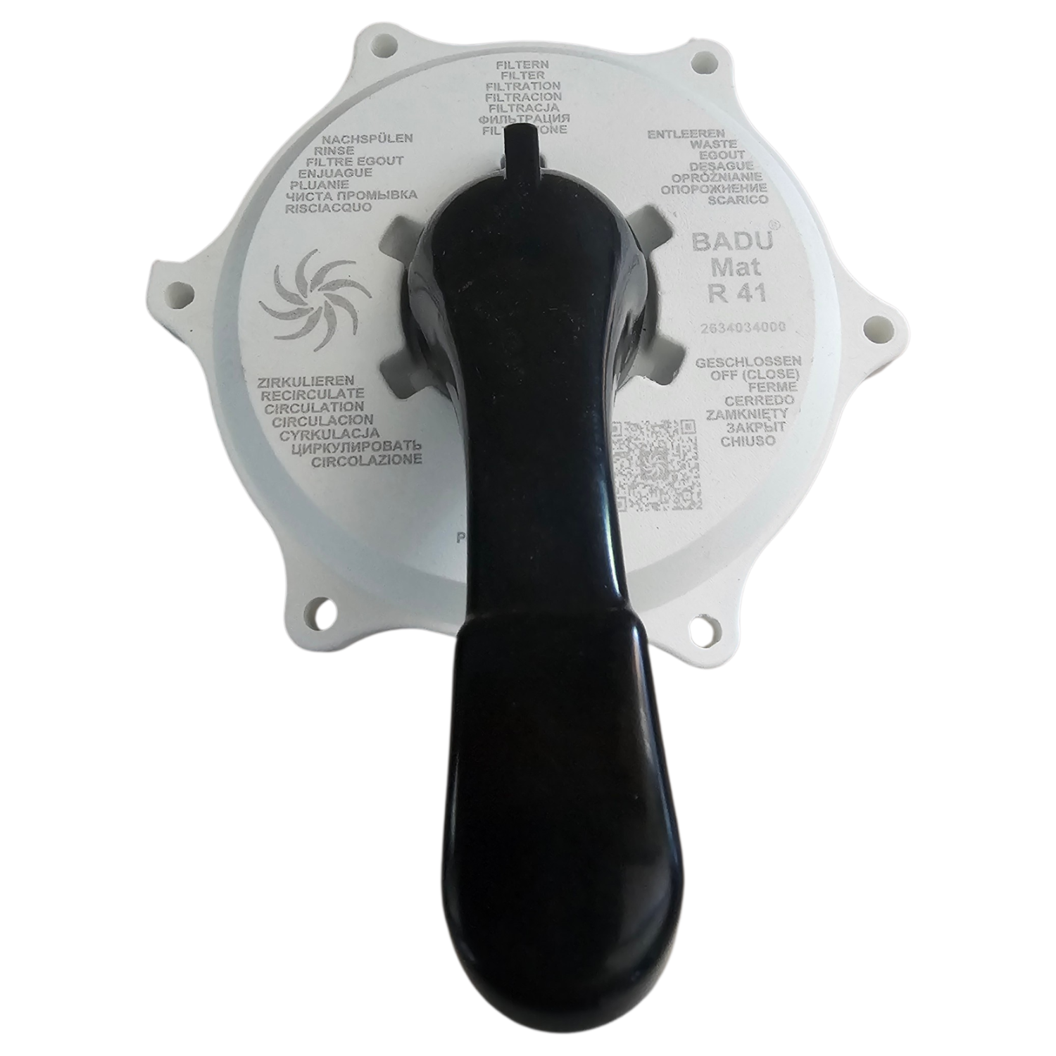 Multiport-Ventilabdeckung mit schwarzem Bediengriff für Poolfiltersysteme.