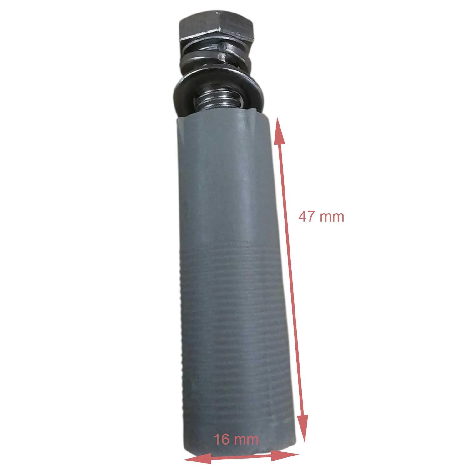 Ein zylindrischer grauer Ankerbolzen für die Poolabdeckung mit einer Metallschraube und einer Unterlegscheibe mit den Maßen 47 mm x 16 mm.