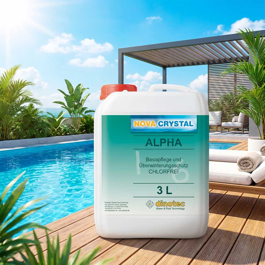 Chlorfreies Poolpflegemittel in der Nähe eines Schwimmbades.