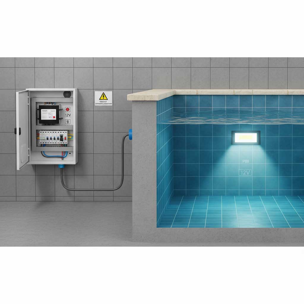 Das Bild zeigt eine Schnittansicht eines Pools mit integrierter Beleuchtung und einer angrenzenden Schalttafel.