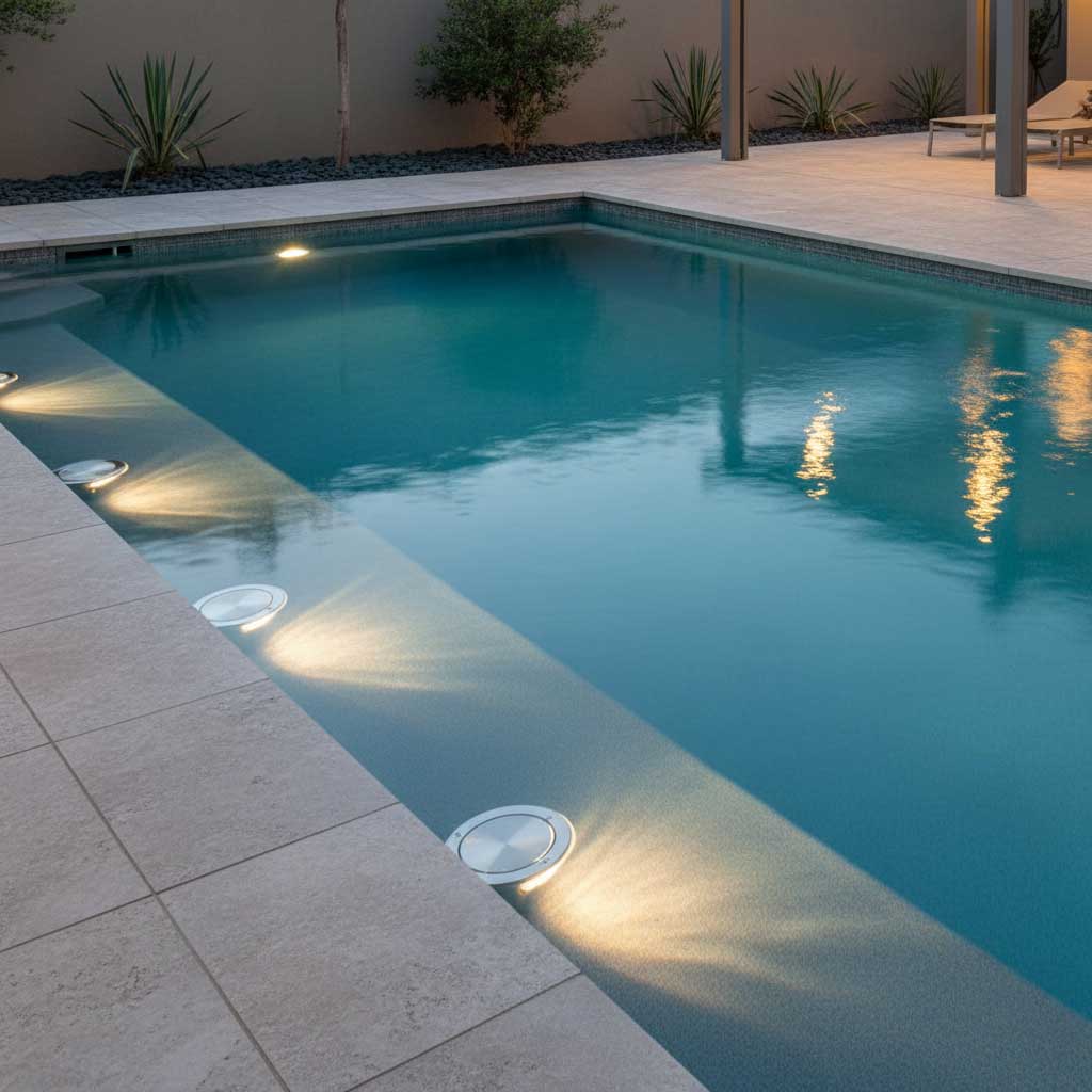 Der rechteckige Pool verfügt über Unterwasserbeleuchtung und Fliesenumrandung mit Betonumrandung.