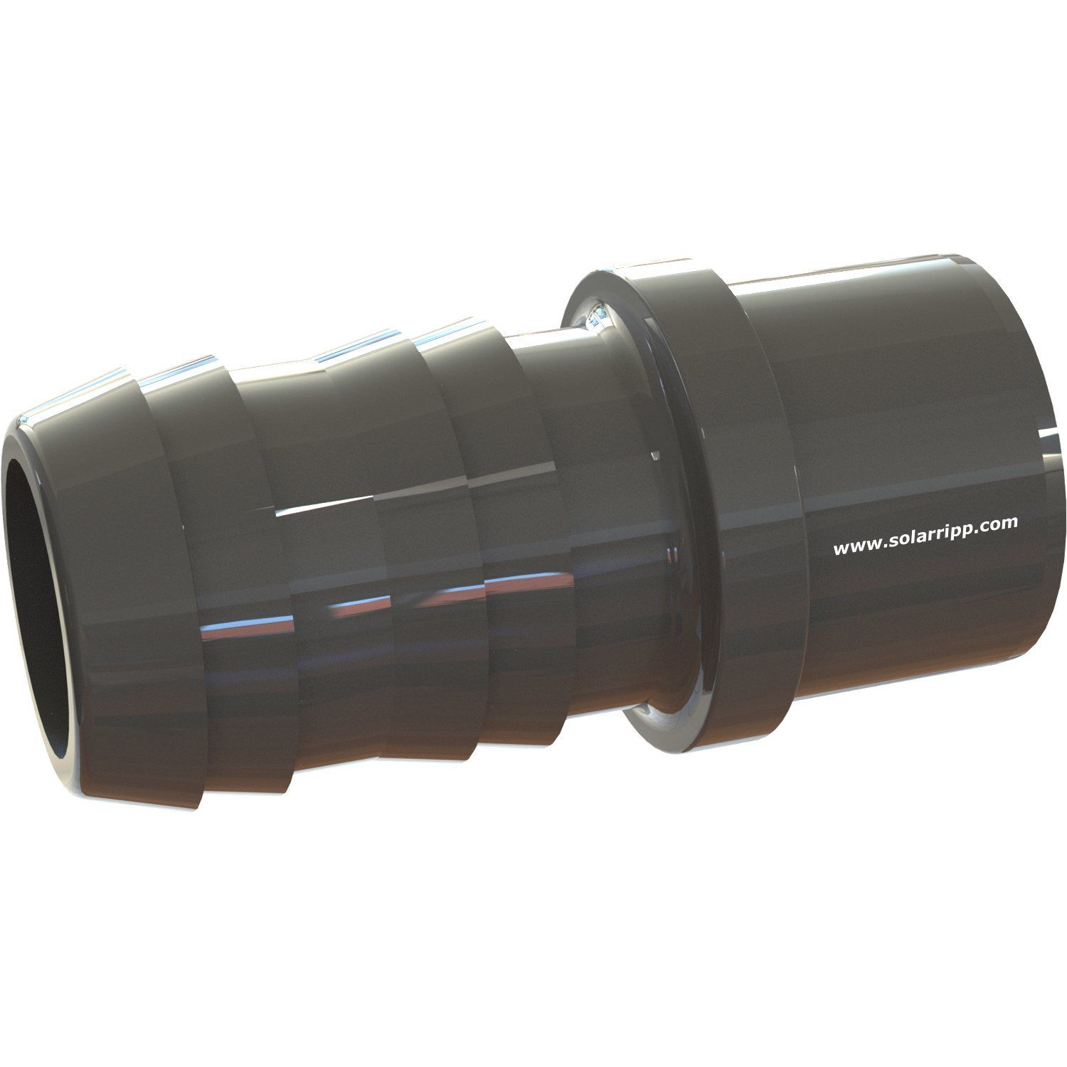 Nahaufnahme einer schwarzen, mit Widerhaken versehenen Armatur, die ihre geriffelte Struktur und die glatte, zylindrische Verbindung zeigt.