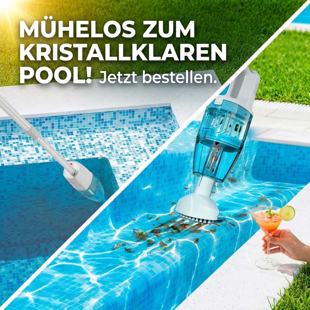 Poolreinigungsgerät in Aktion, das Schmutz aus einem Schwimmbad entfernt.