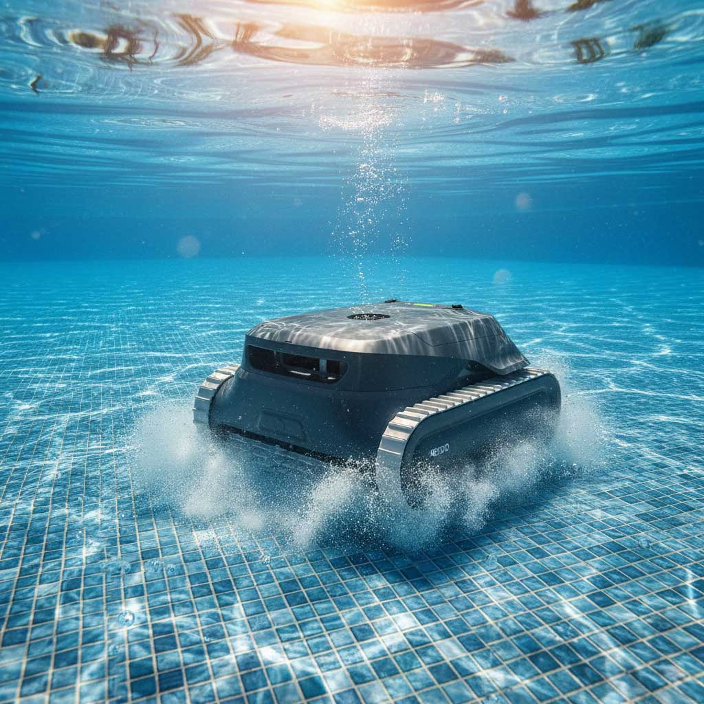 Das Bild zeigt einen automatischen Poolreiniger, der unter Wasser arbeitet, Schmutz entfernt und den Poolboden reinigt.