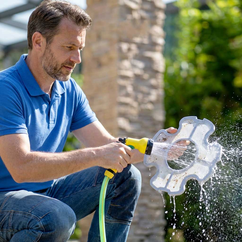 Mann reinigt mit einem Gartenschlauch eine Poolabdeckung im Freien.