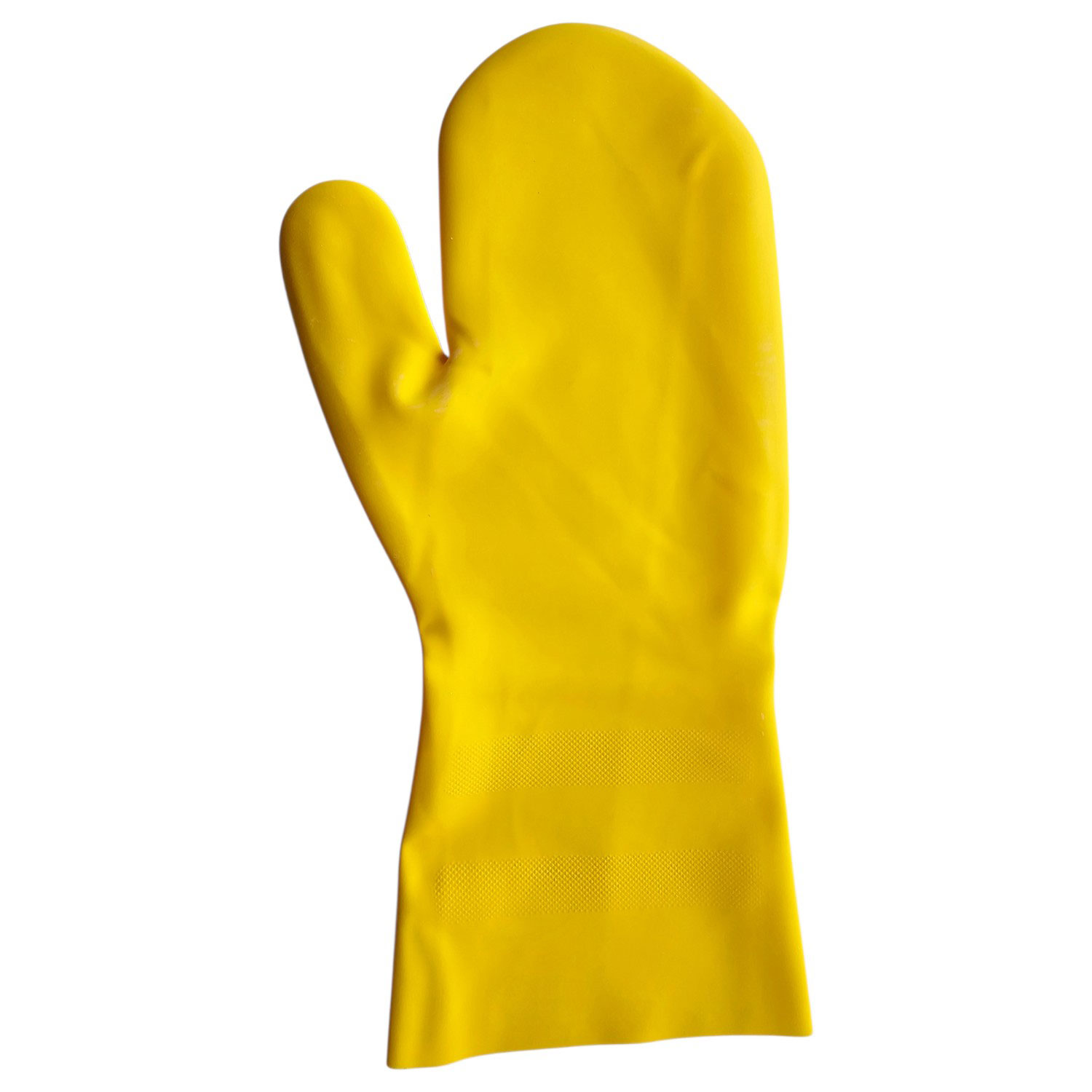 Ein einzelner gelber Reinigungshandschuh aus Gummi mit einem strukturierten Griffbereich am Handgelenk.