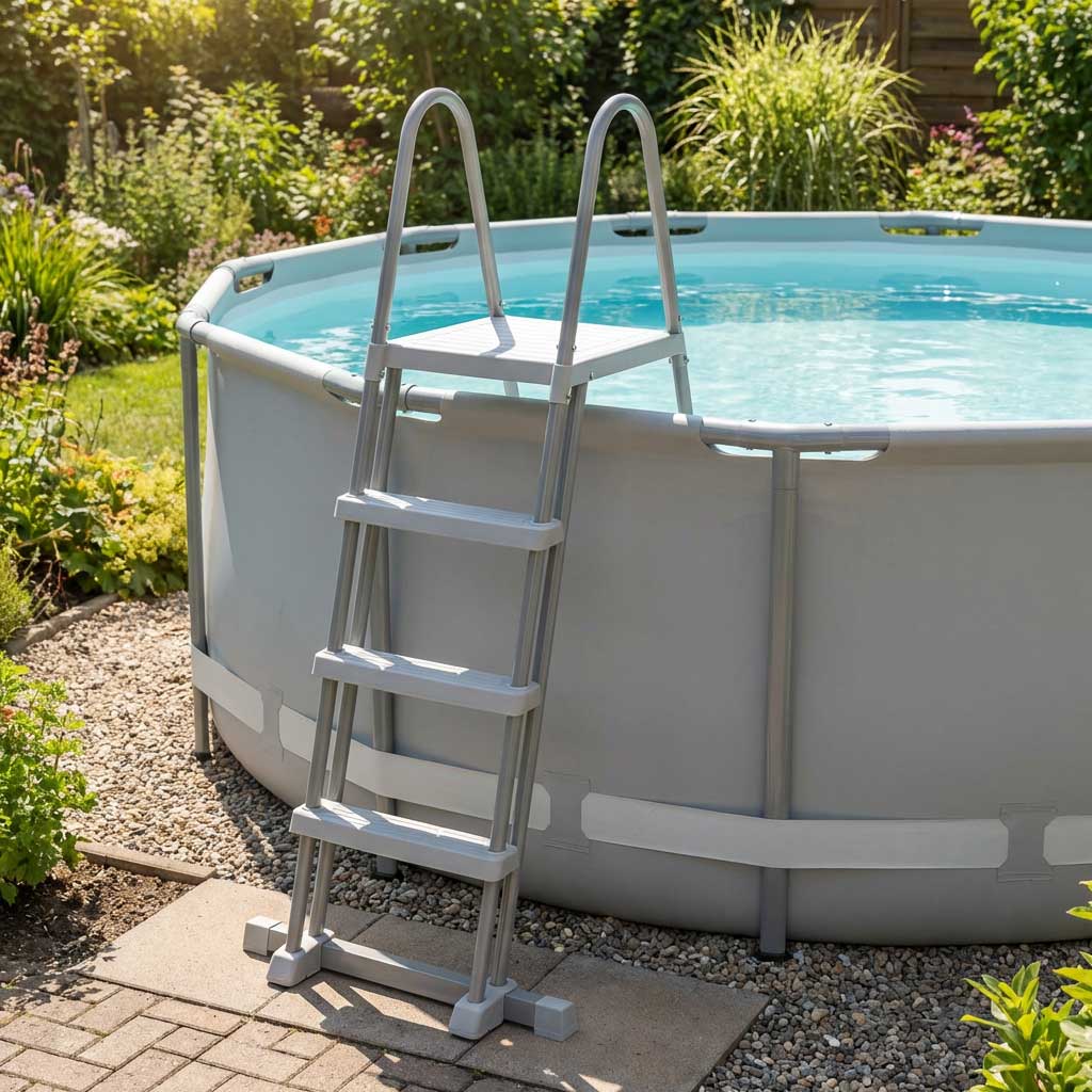 Ein oberirdischer Pool mit Leiter wird draußen in einer Hinterhofumgebung installiert.