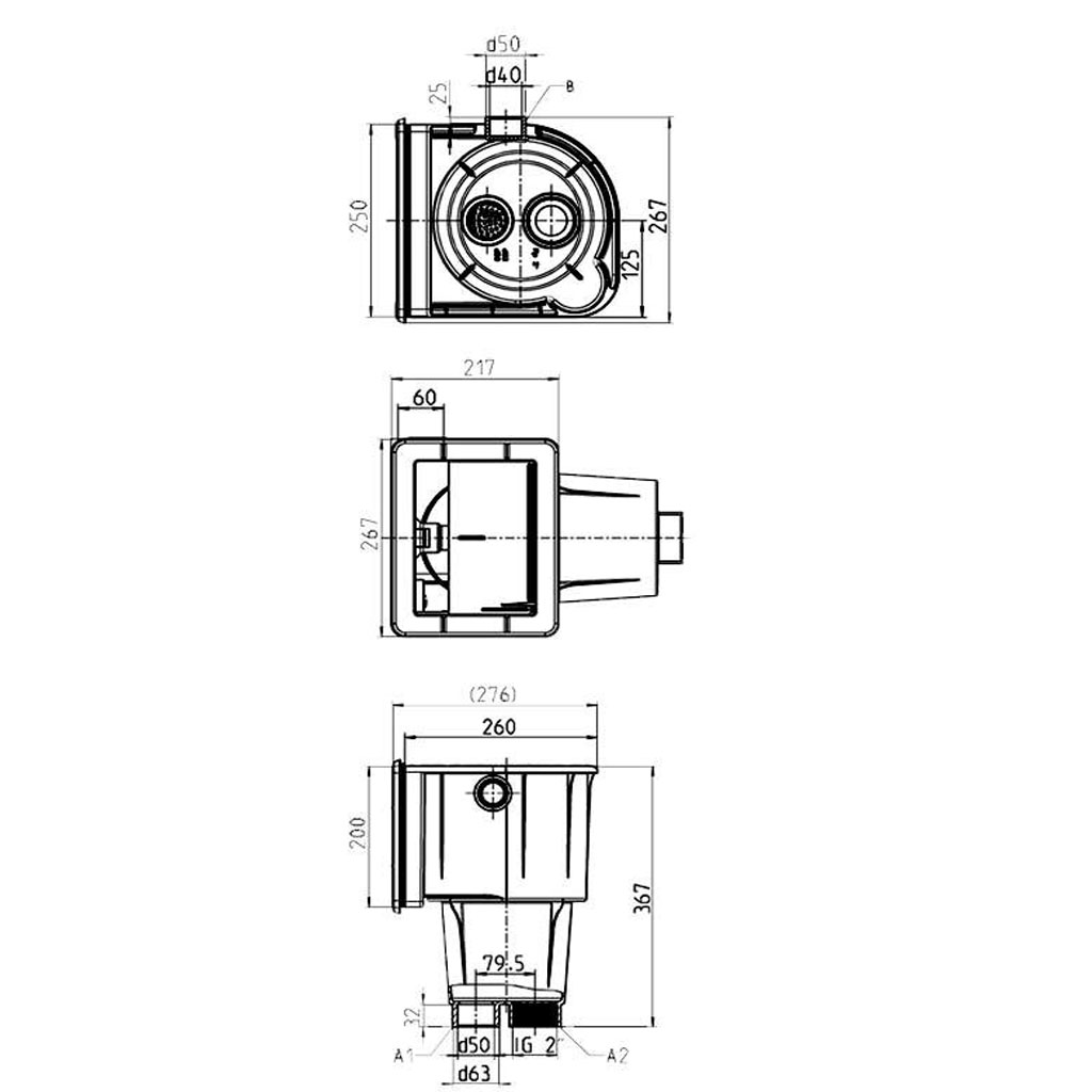 Technische Zeichnung eines Poolskimmers mit Abmessungen und verschiedenen Ansichten.