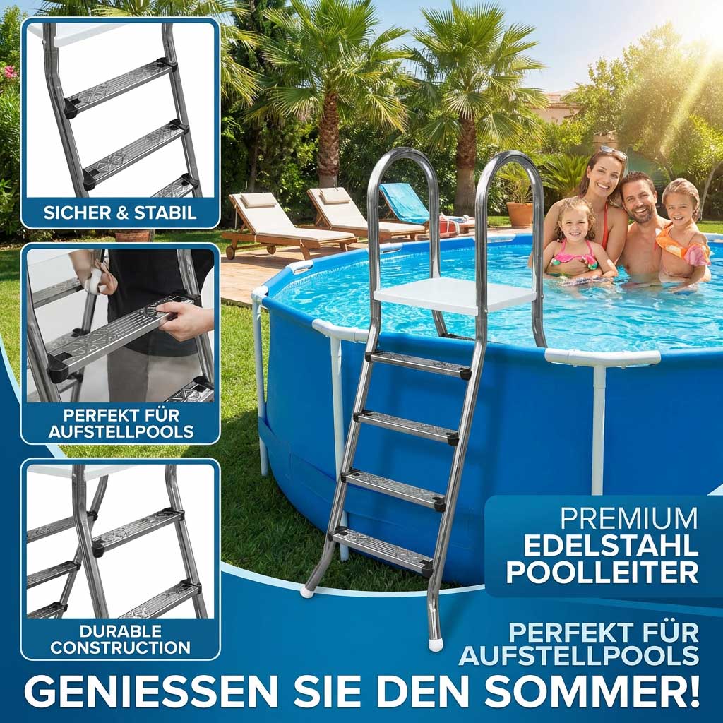 Poolleiter aus Edelstahl neben einem oberirdischen Pool.