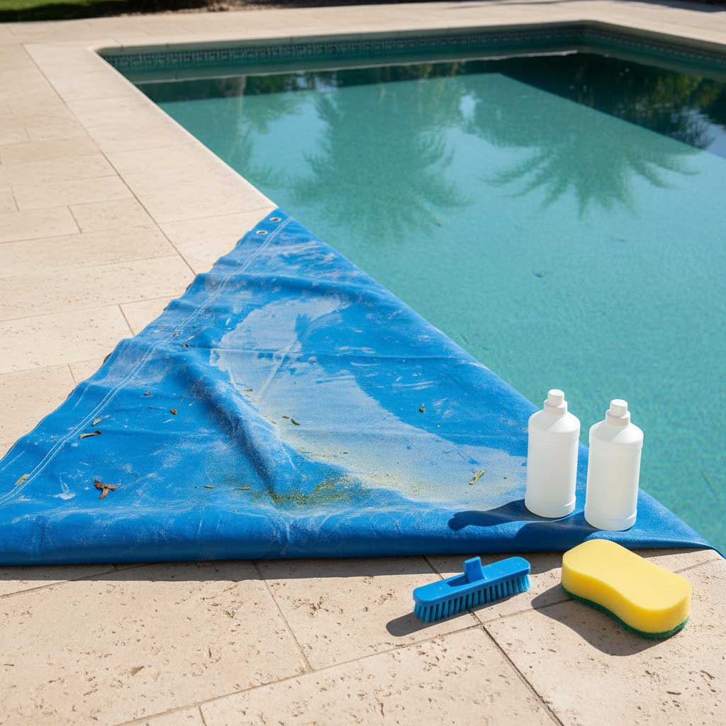 Das Bild zeigt einen in den Boden eingelassenen Pool, eine blaue Poolabdeckung, Reinigungsprodukte und Reinigungswerkzeuge.