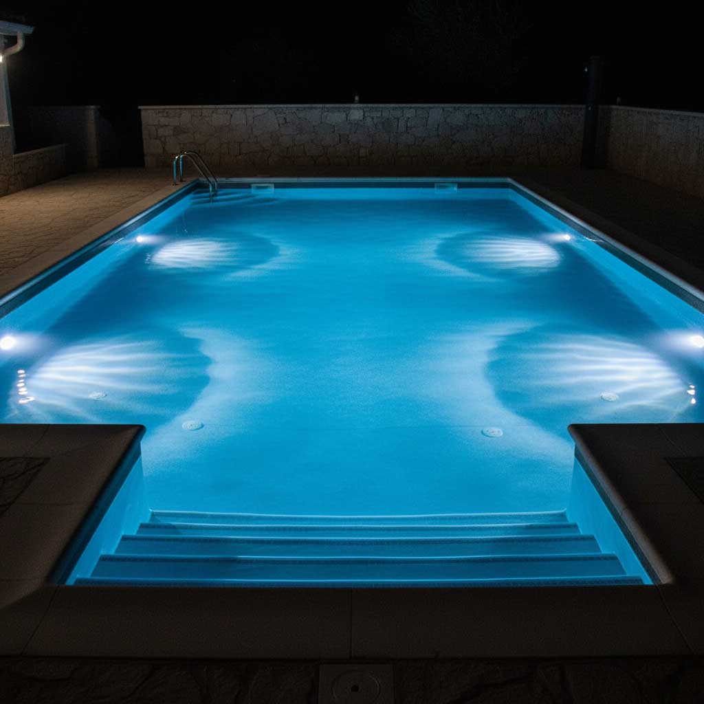 Beleuchtetes, rechteckiges, in den Boden eingelassenes Schwimmbecken mit Stufen und integrierter Beleuchtung bei Nacht.