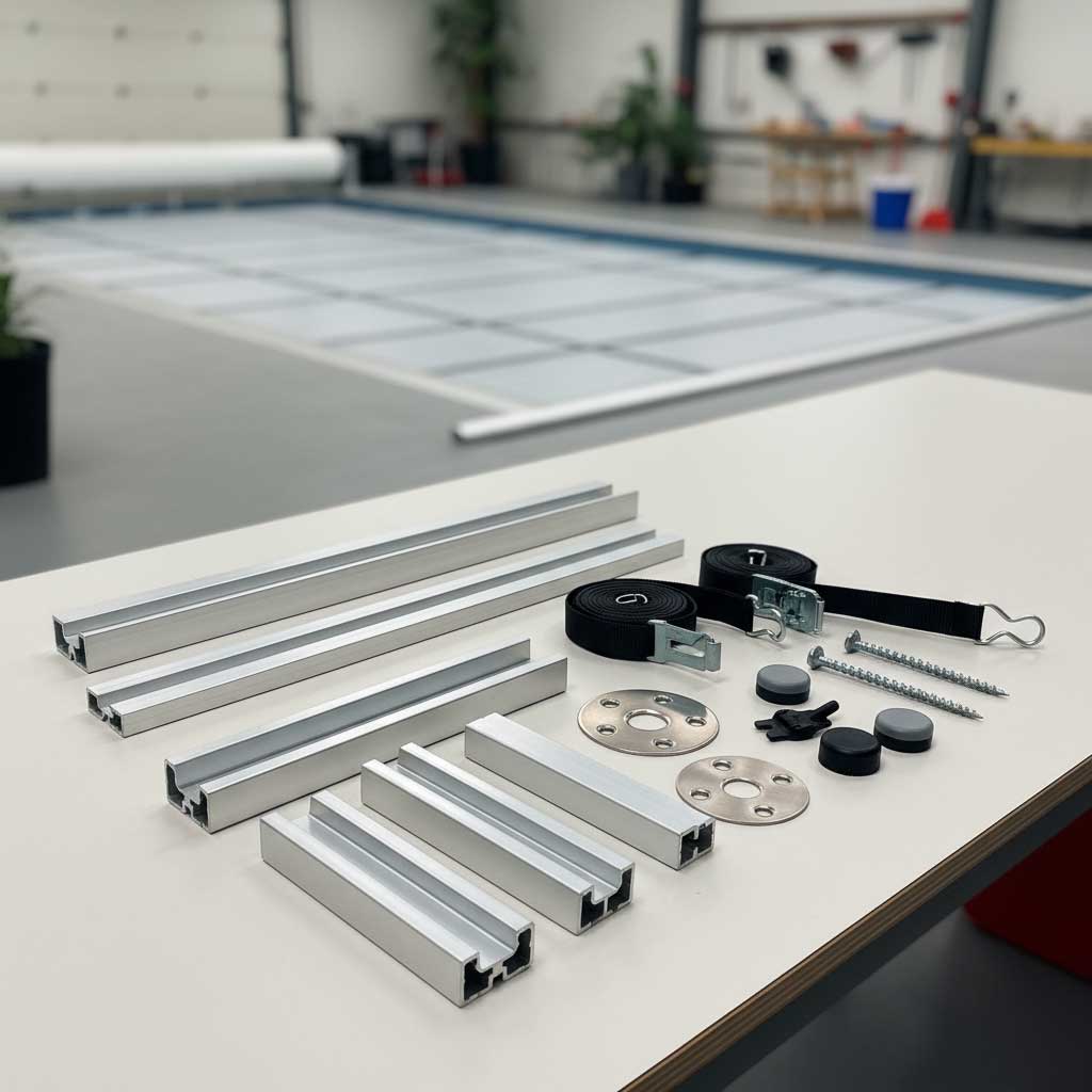 Komponenten für die Installation einer Sicherheitspoolabdeckung, einschließlich Aluminiumschienen, Riemen und Befestigungselementen.