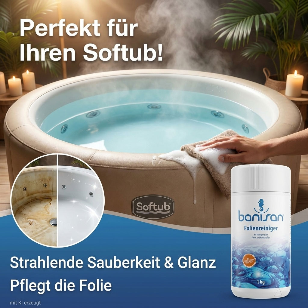 Eine Hand reinigt einen runden Whirlpool mit einem Tuch neben einer Flasche Reinigungsmittel.