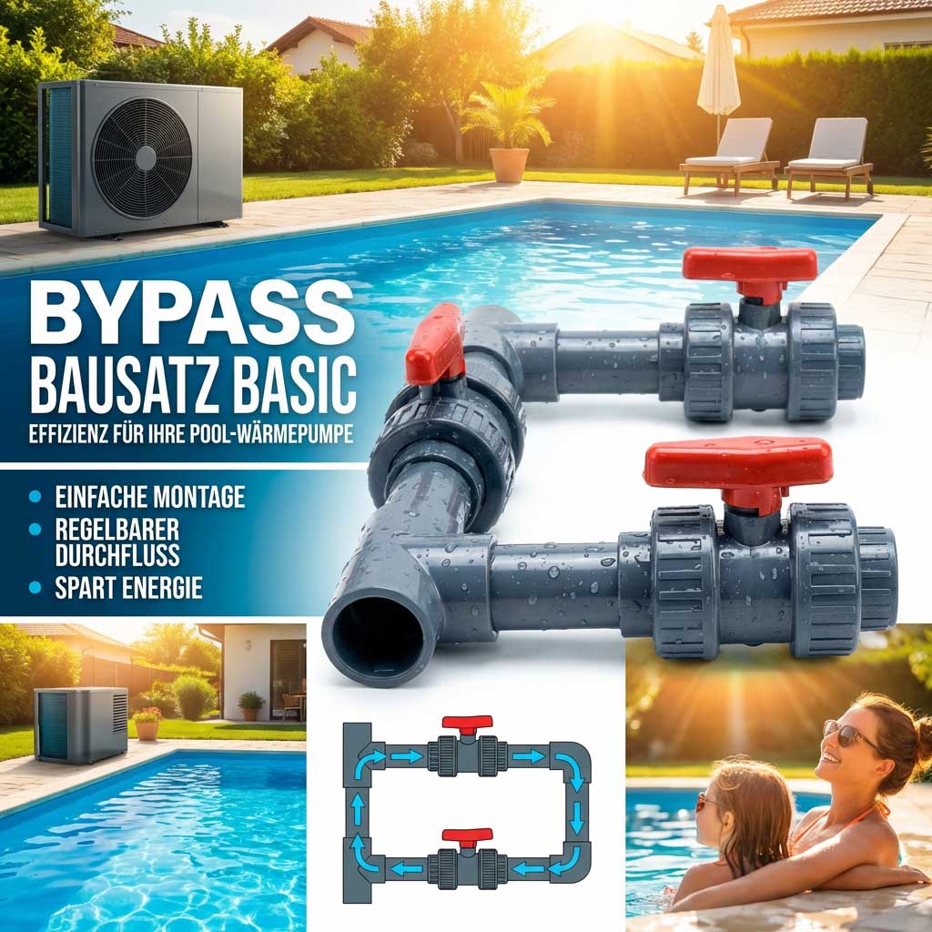 Bypass-Kit für Poolwärmepumpe mit einstellbaren Durchflussventilen.