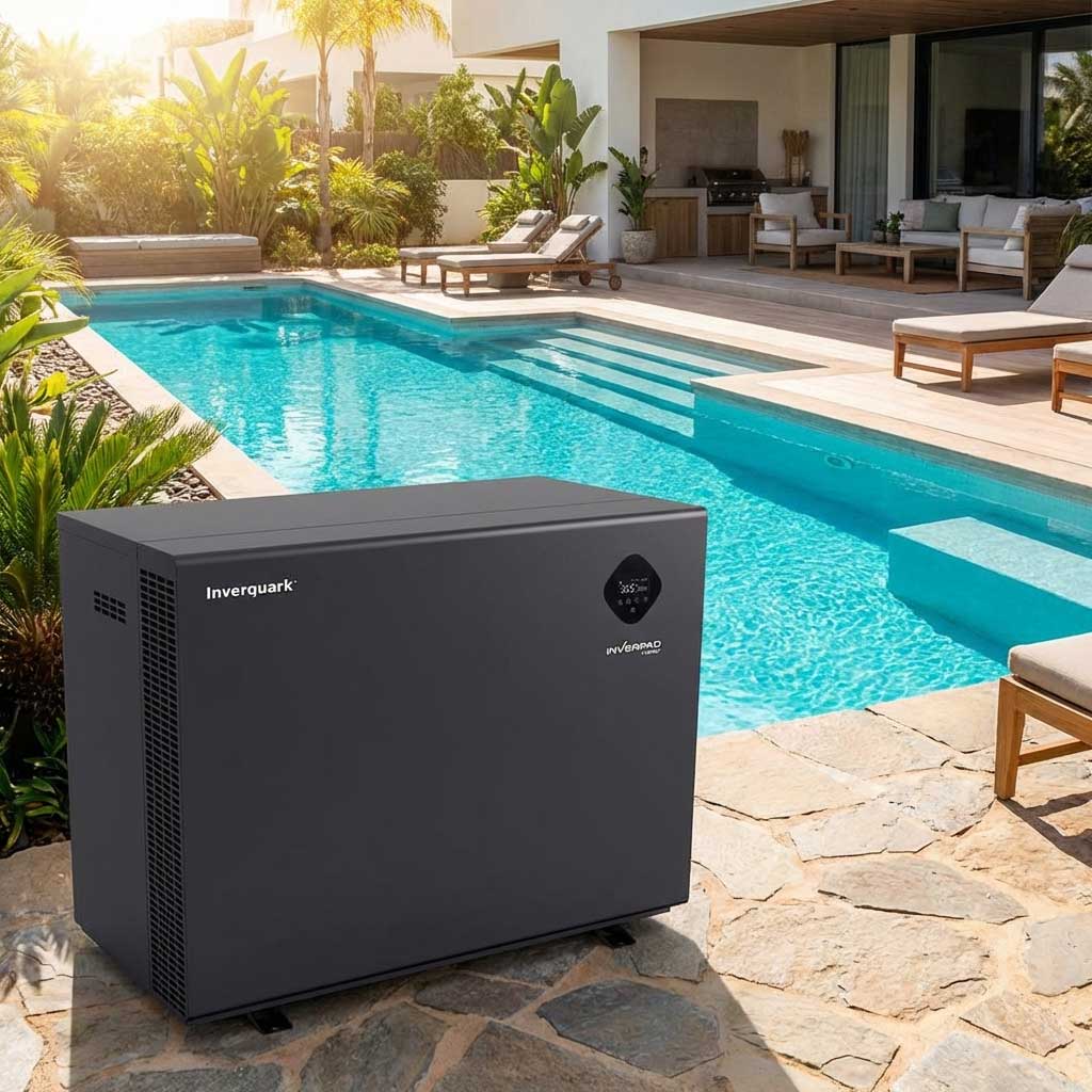 Rechteckiger Pool mit Poolheizung auf einer Steinterrasse.