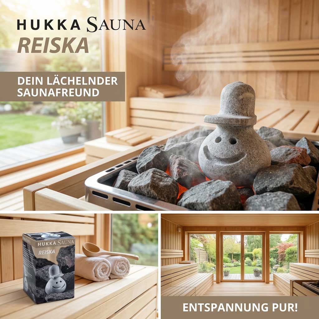 Saunaofen mit lächelndem Steinfreund auf heißen Steinen.