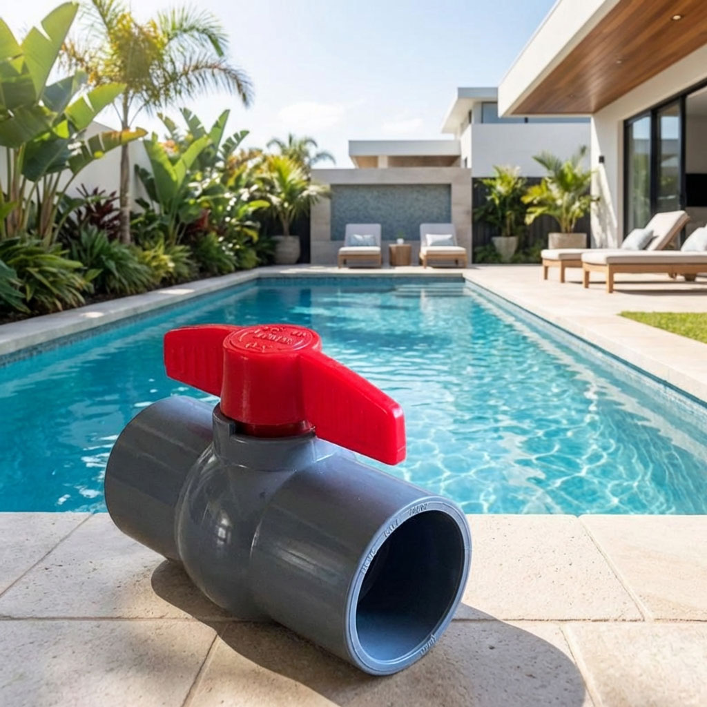 Grauer PVC-Kugelhahn mit rotem Griff neben dem Pool.